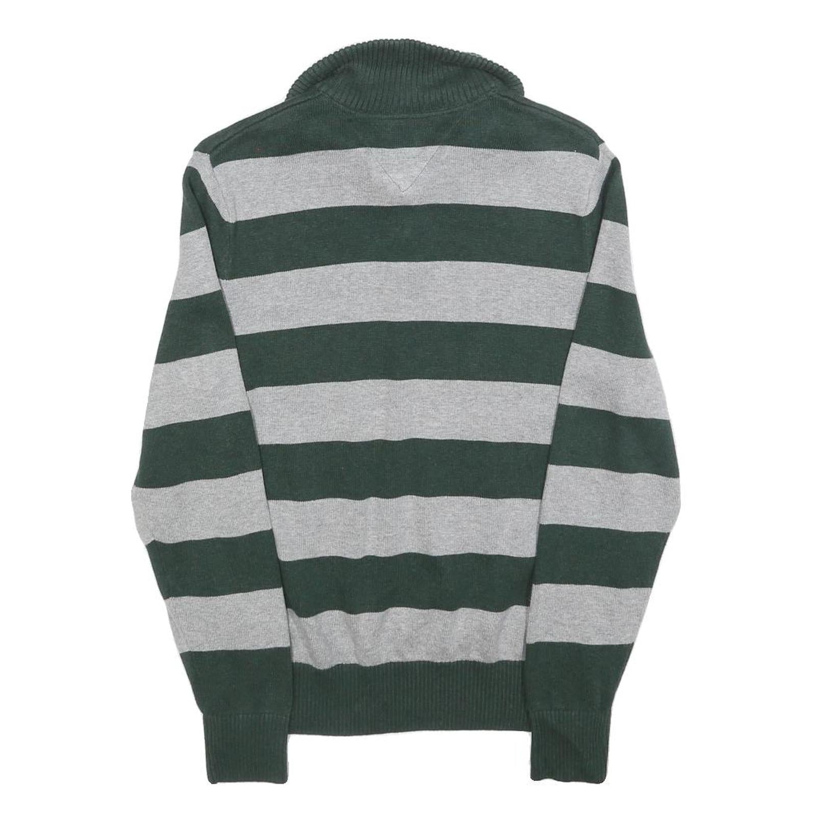 TOMMY HILFIGER Mens Green & Grey Patterned Jumper V-Neck Basic Knit XS Cotton