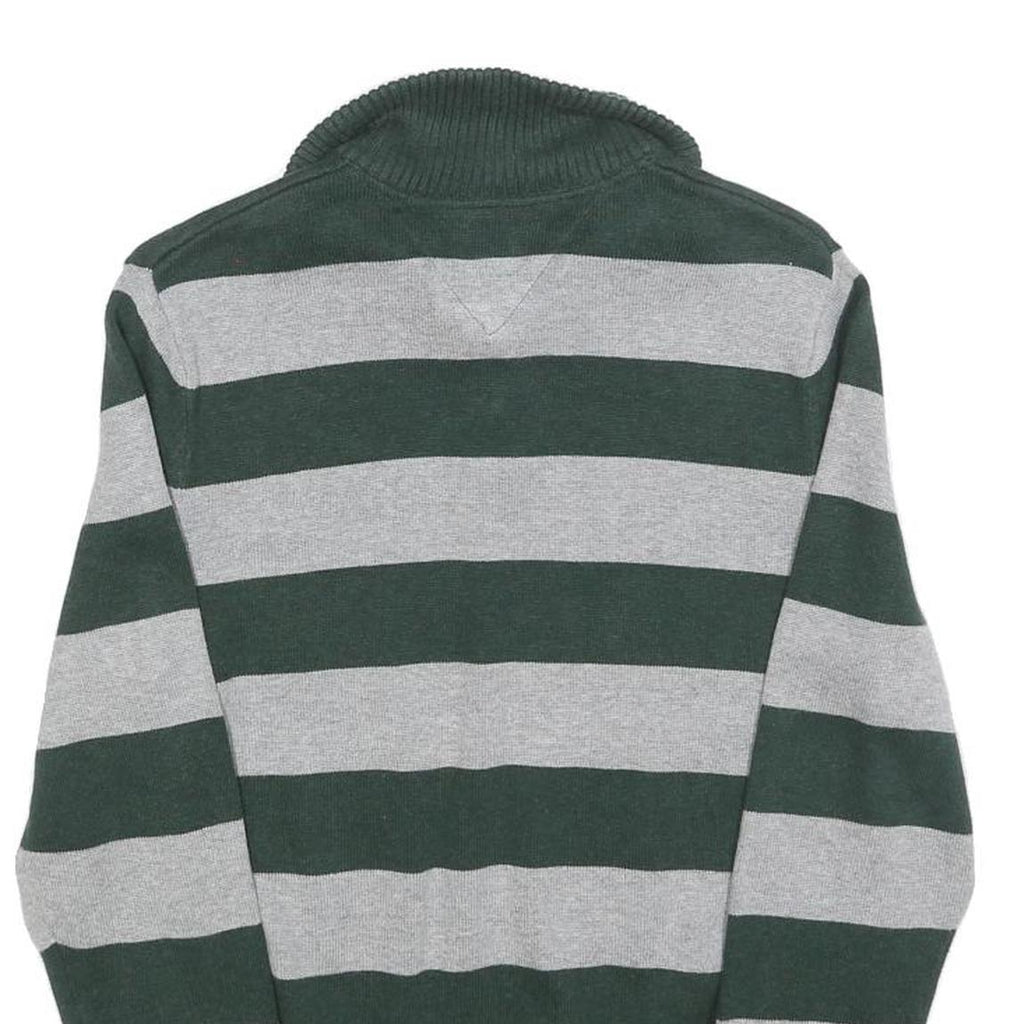 TOMMY HILFIGER Mens Green & Grey Patterned Jumper V-Neck Basic Knit XS Cotton