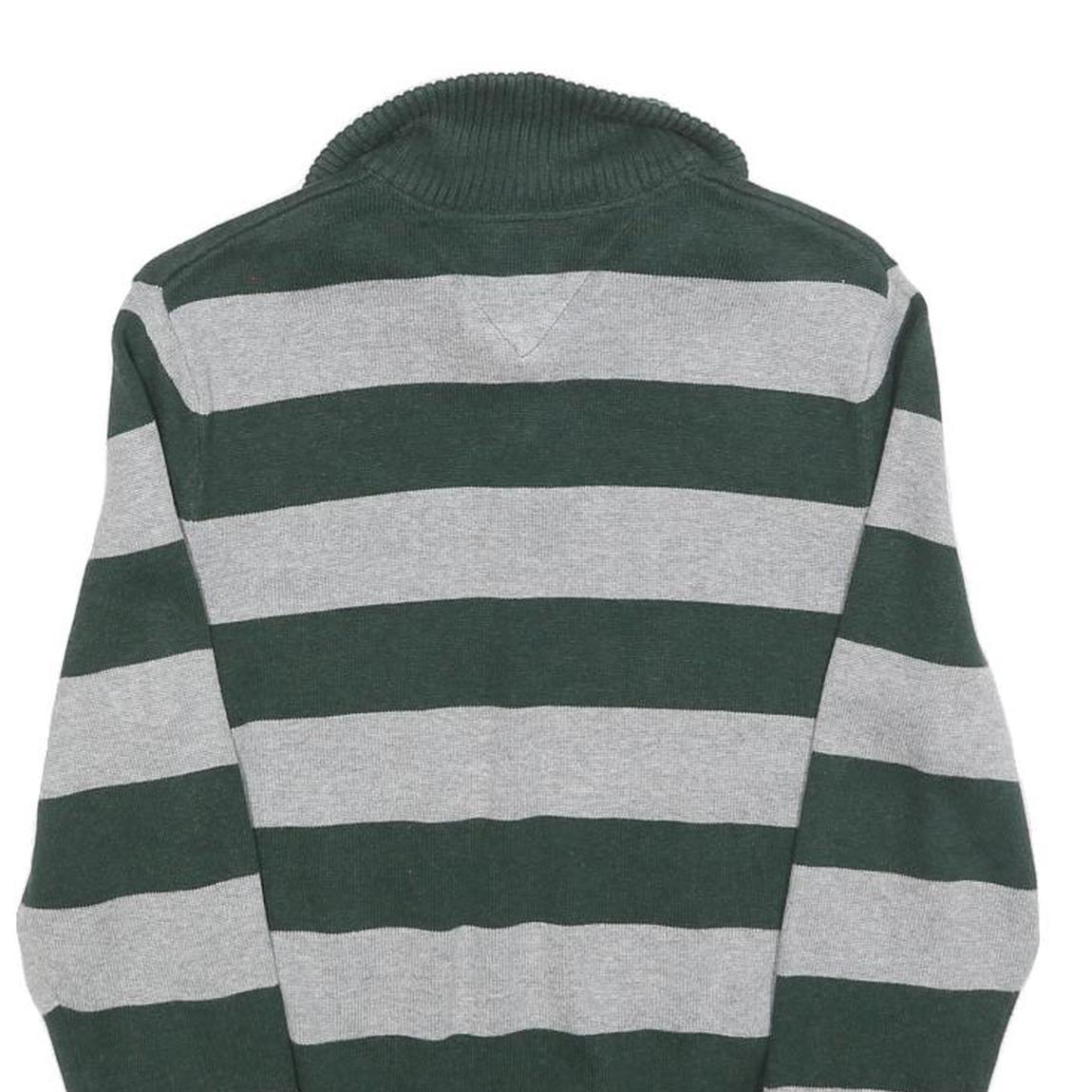 TOMMY HILFIGER Mens Green & Grey Patterned Jumper V-Neck Basic Knit XS Cotton