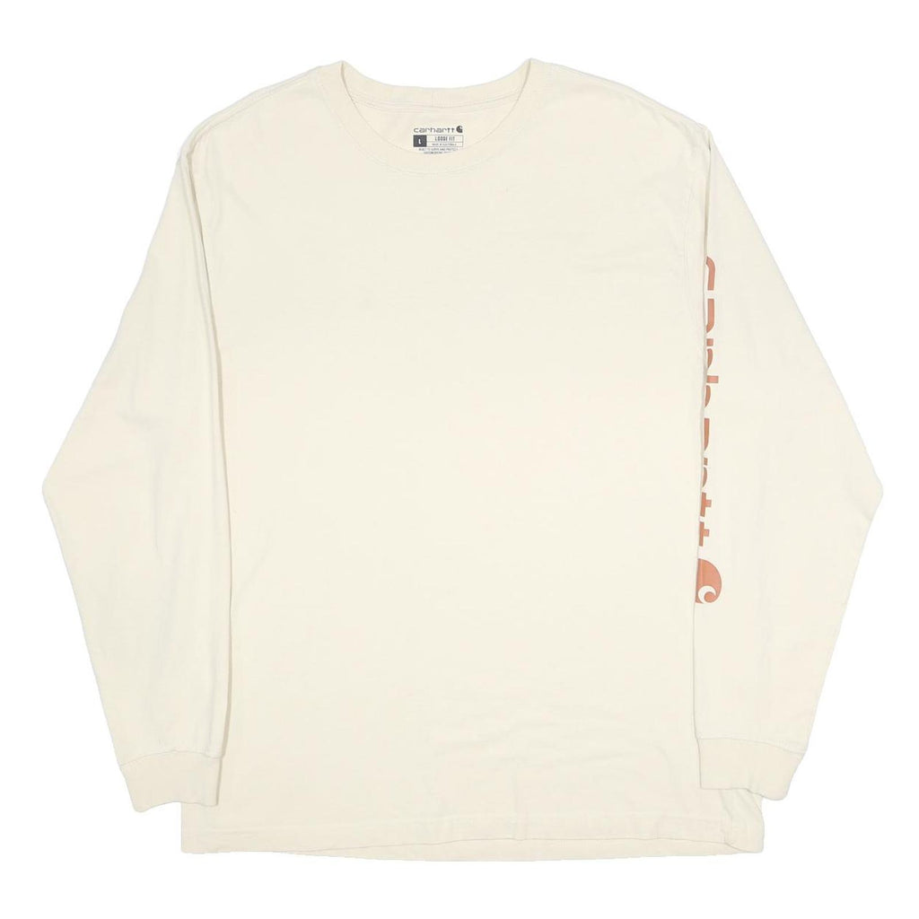 CARHARTT Mens Cream Long Sleeve Crew Neck T-Shirt L Logo Print Casual