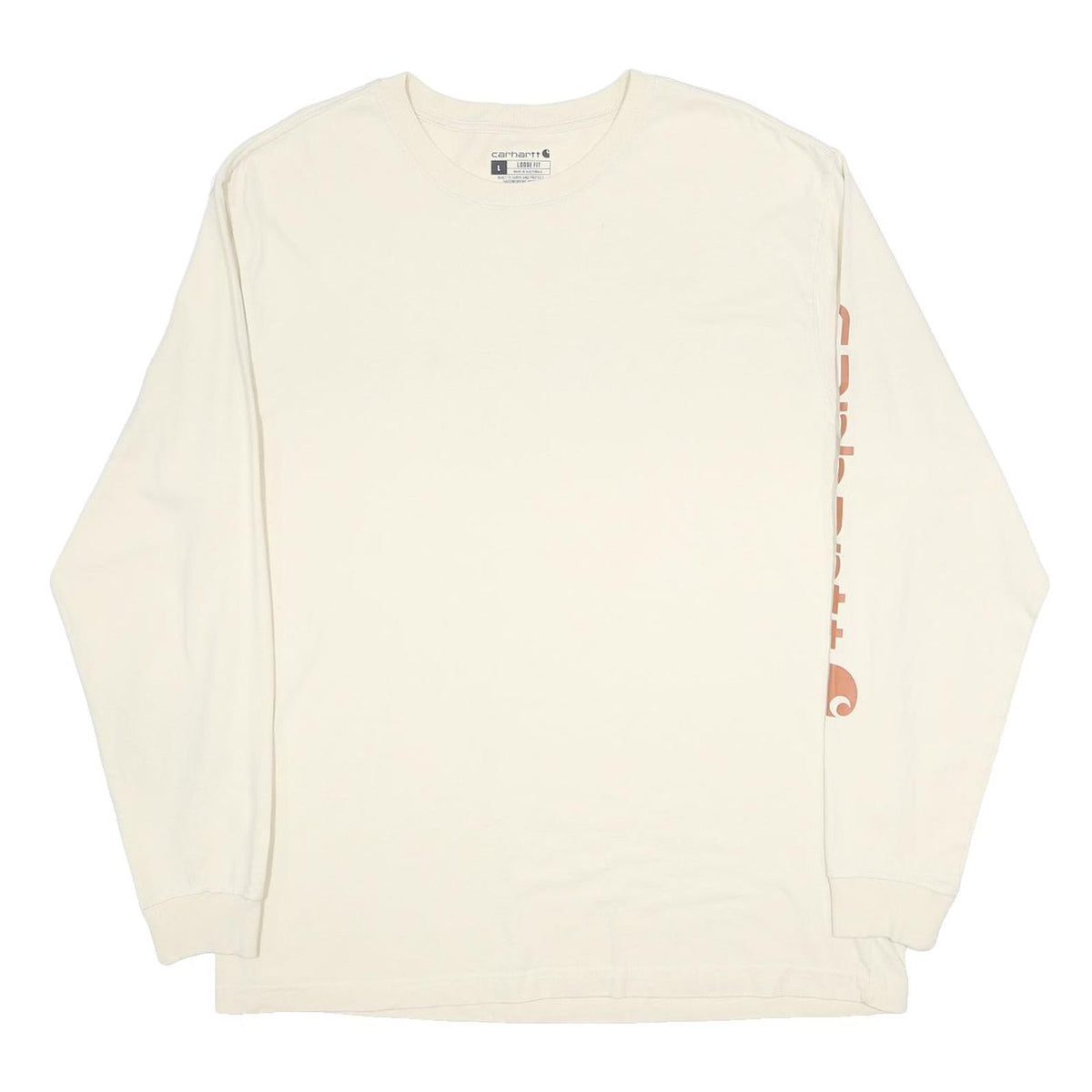 CARHARTT Mens Cream Long Sleeve Crew Neck T-Shirt L Logo Print Casual