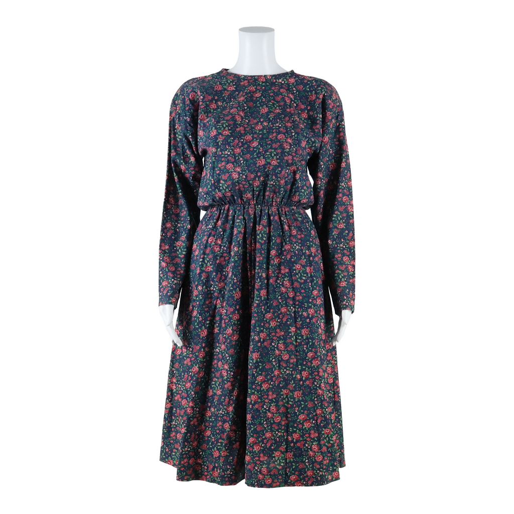 Womens A-Line Dress Blue Floral Long Sleeve Midi S
