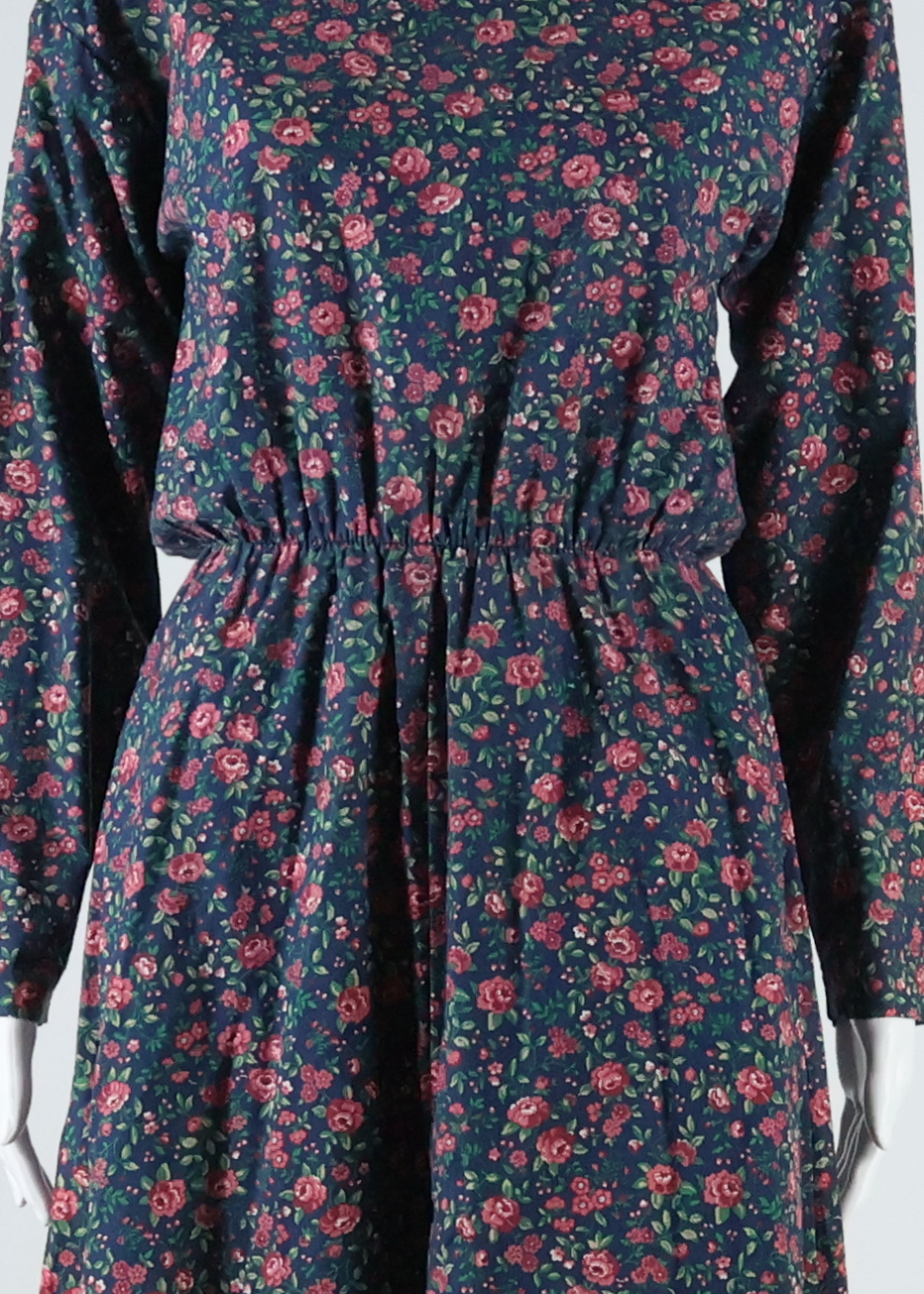 Womens A-Line Dress Blue Floral Long Sleeve Midi S