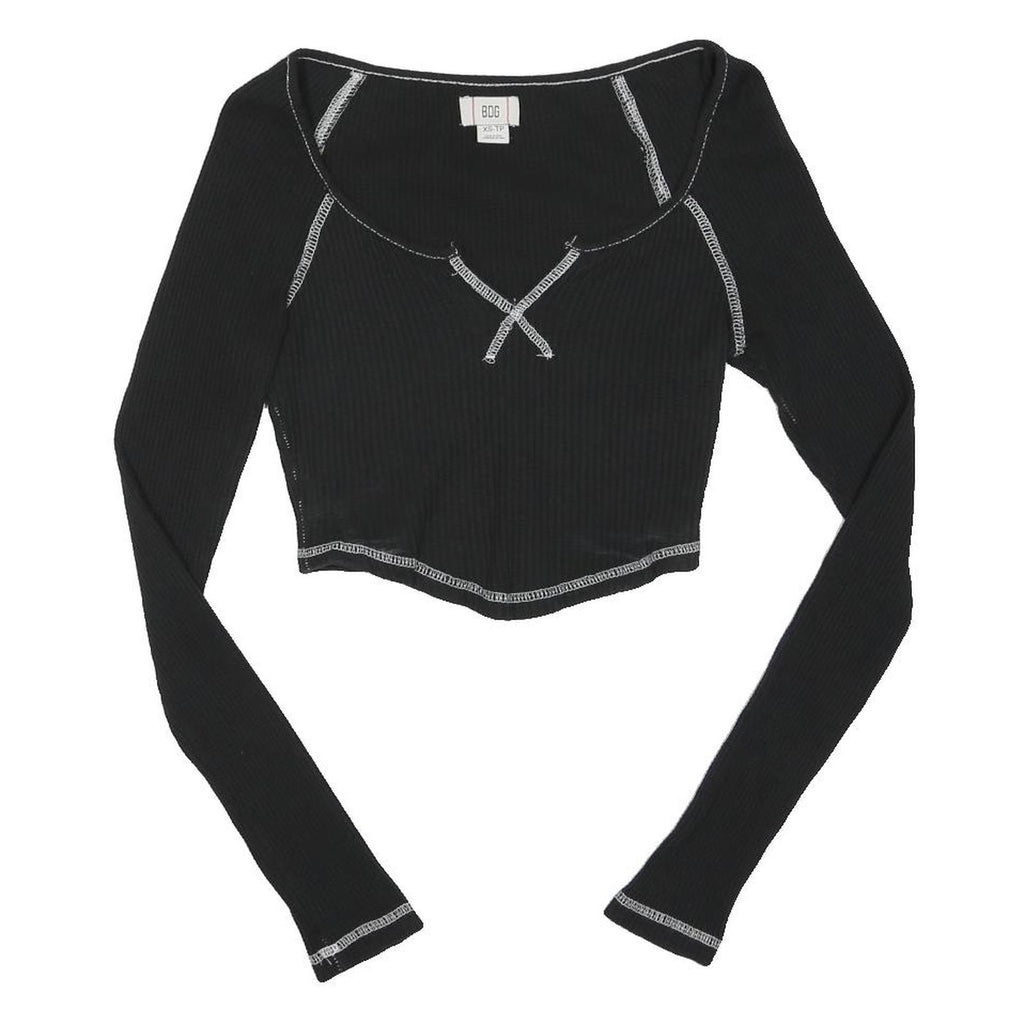 BDG Womens Black Contrast Stitch Long Sleeve Scoop Neck Ribbed Crop Top XS