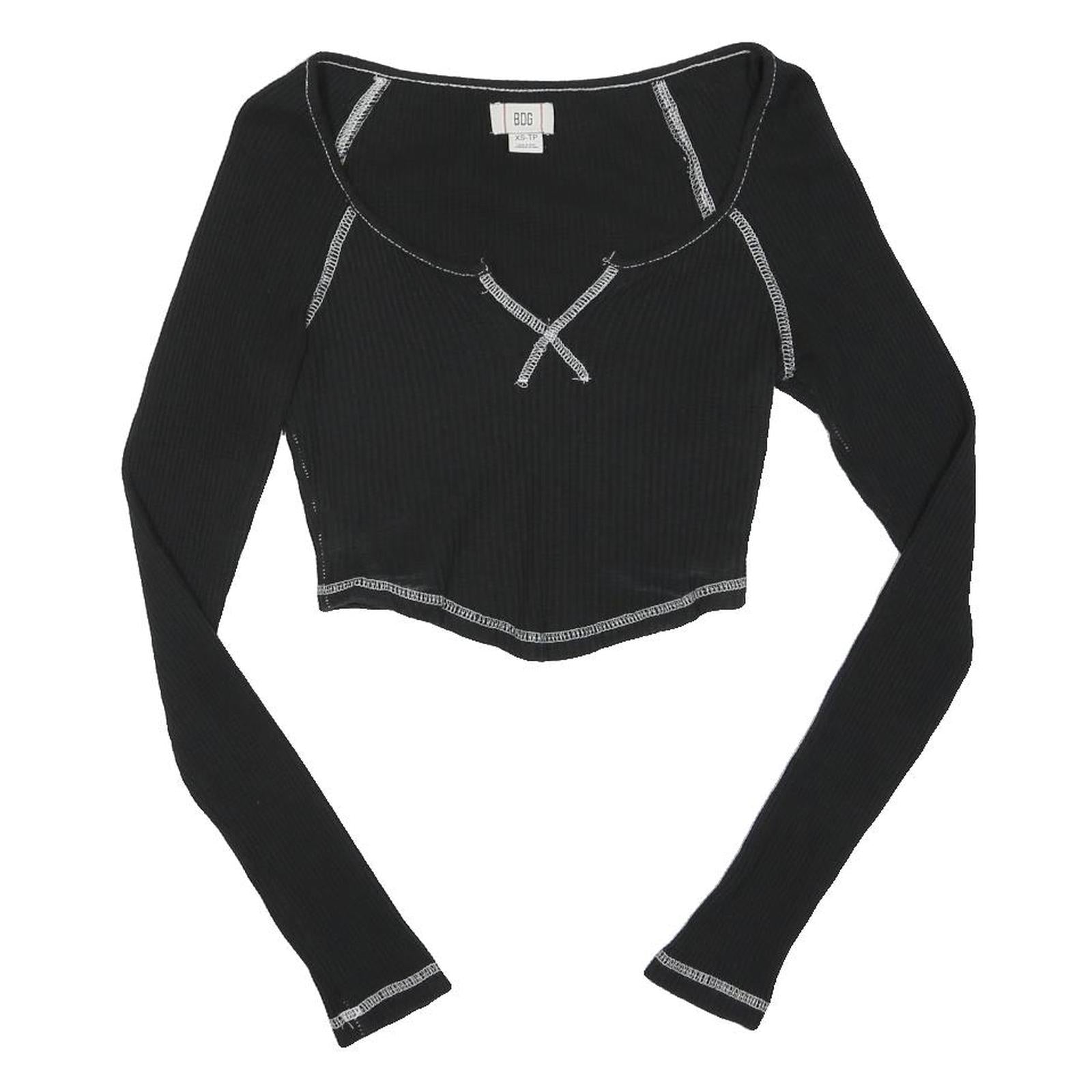 BDG Womens Black Contrast Stitch Long Sleeve Scoop Neck Ribbed Crop Top XS