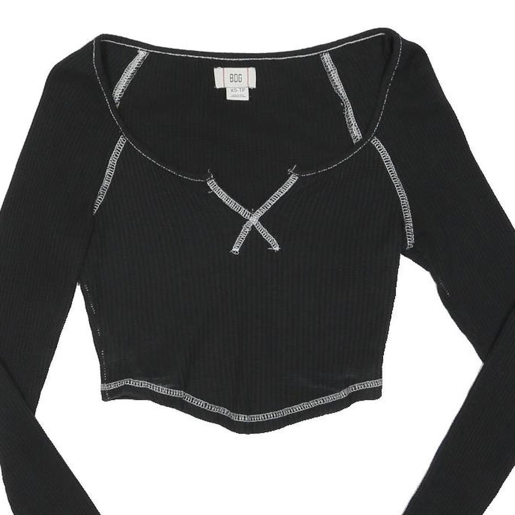 BDG Womens Black Contrast Stitch Long Sleeve Scoop Neck Ribbed Crop Top XS