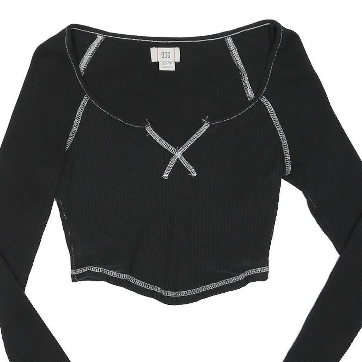 BDG Womens Black Contrast Stitch Long Sleeve Scoop Neck Ribbed Crop Top XS