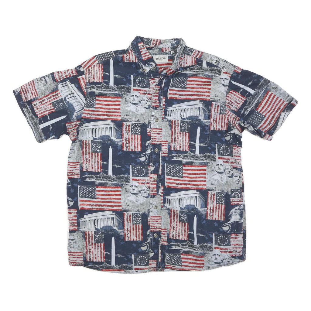 AMERICAN Mens Blue Red White Cotton Blend Short Sleeve Shirt L Stars Stripes USA