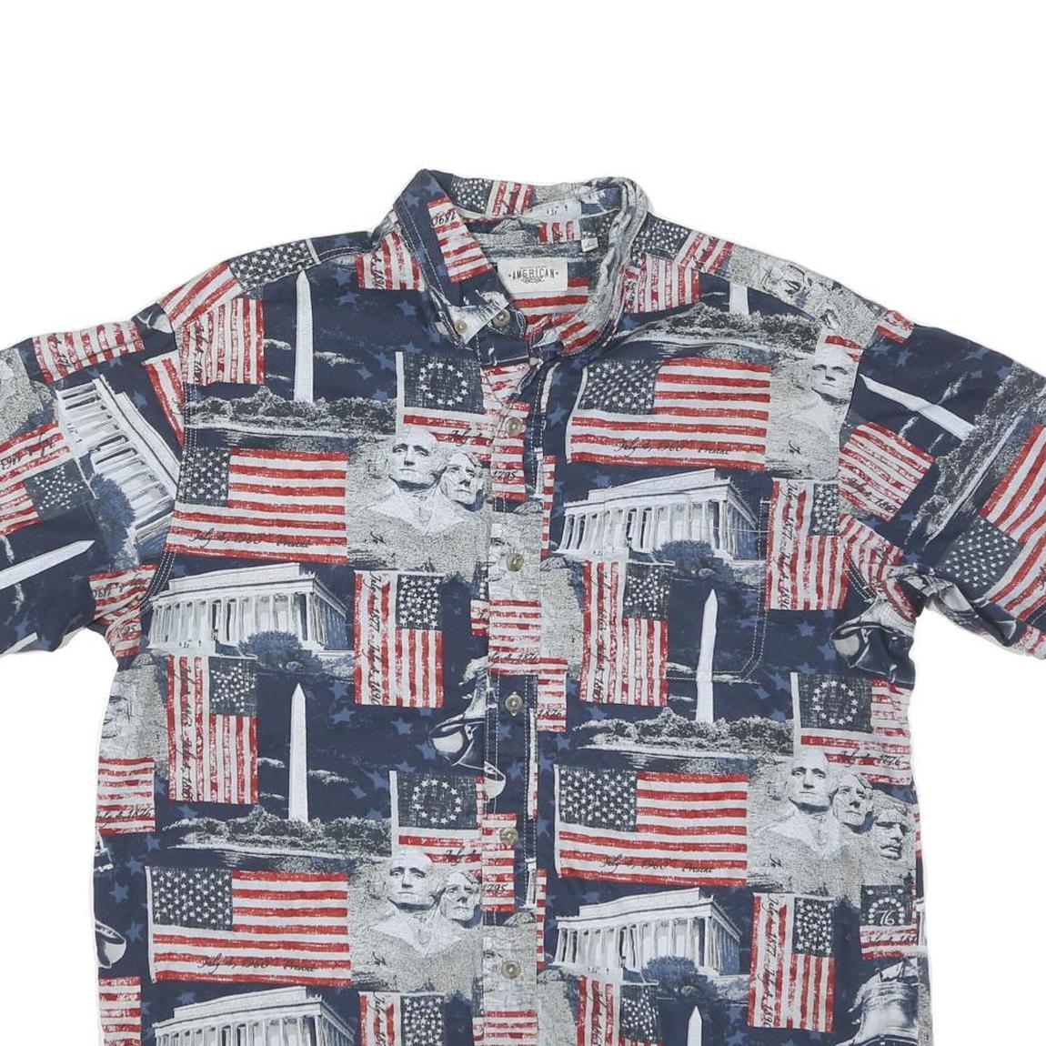 AMERICAN Mens Blue Red White Cotton Blend Short Sleeve Shirt L Stars Stripes USA