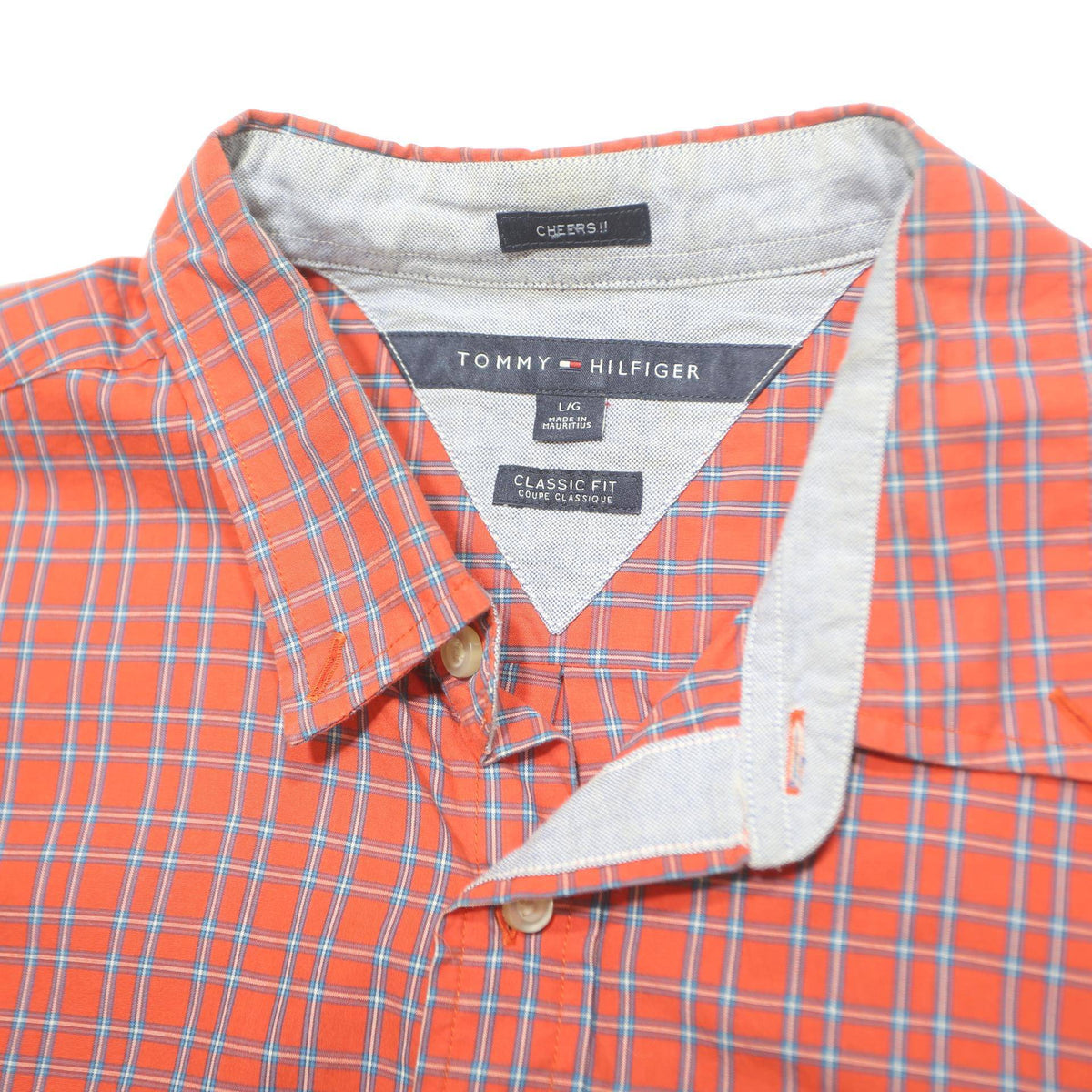 TOMMY HILFIGER Mens Red & Blue Check Shirt L Classic Fit Button Front Casual