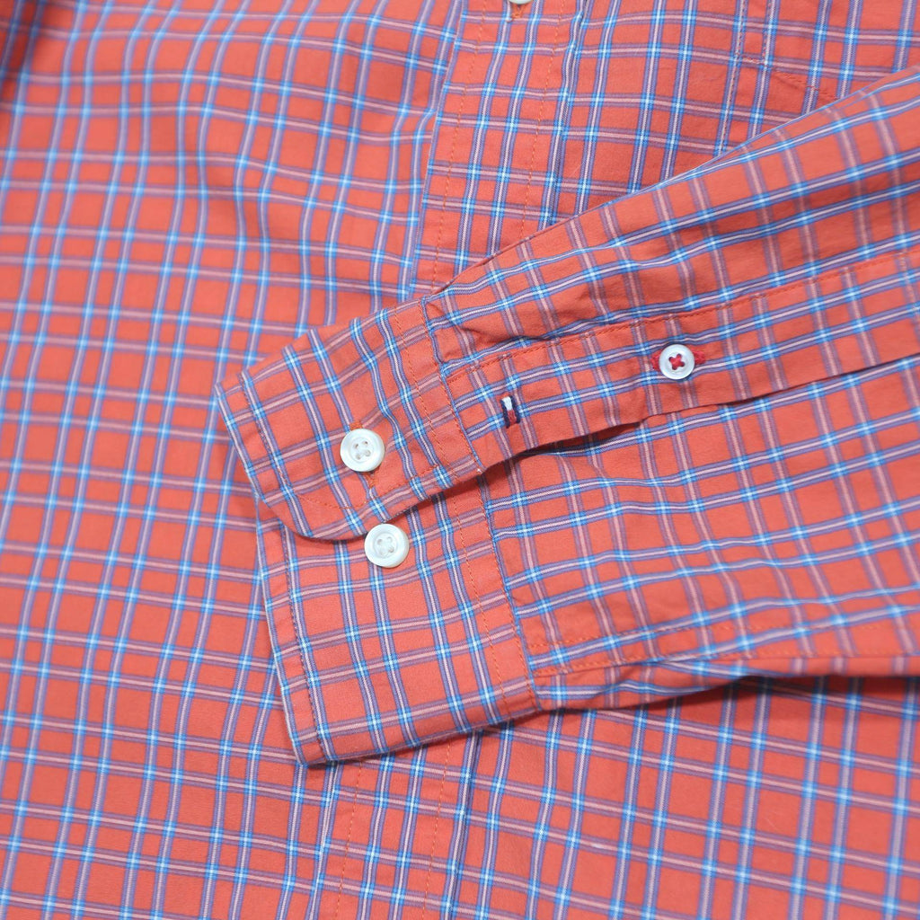 TOMMY HILFIGER Mens Red & Blue Check Shirt L Classic Fit Button Front Casual