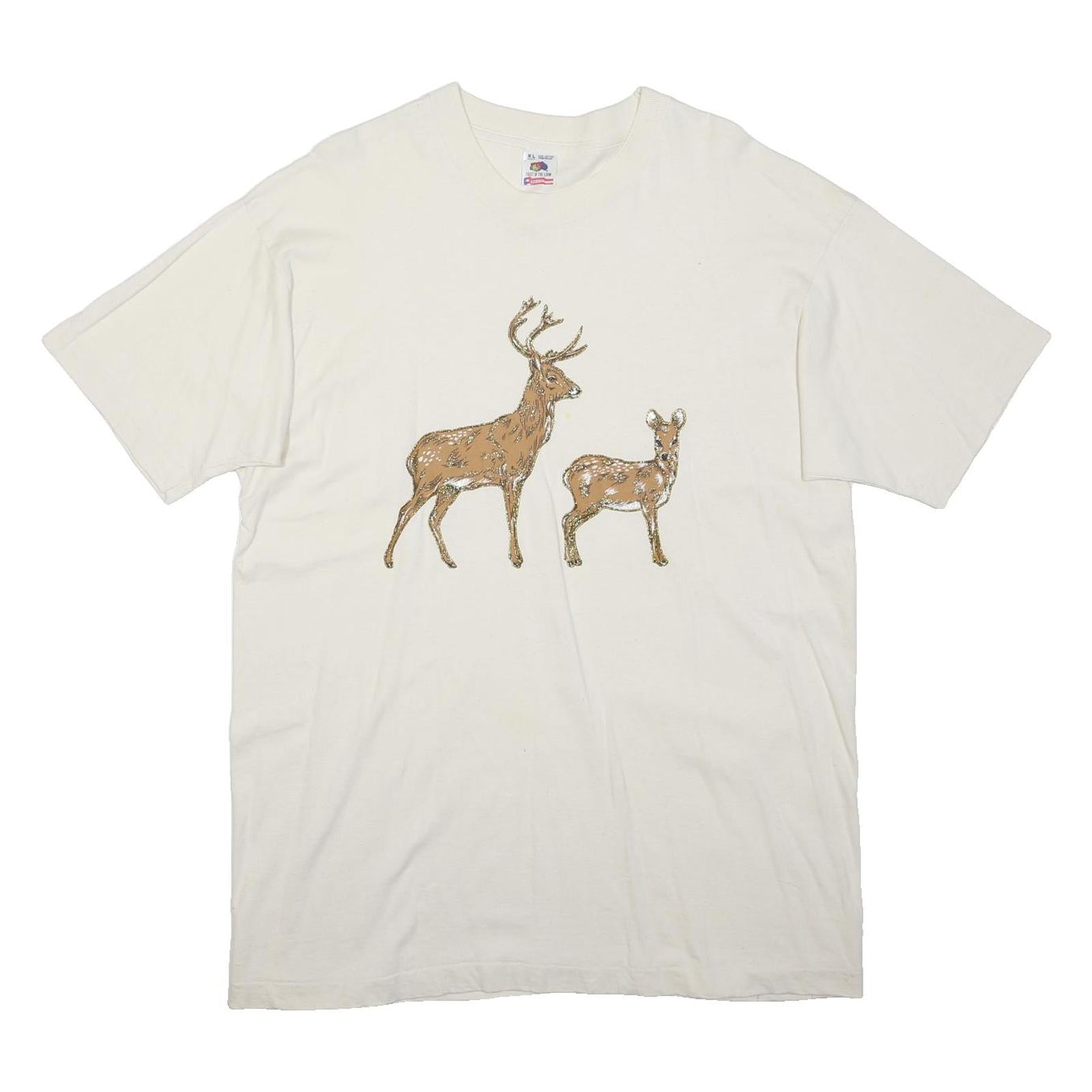 FRUIT OF THE LOOM Single Stitch Mens White Deer Graphic T-Shirt XL Short Sleeve