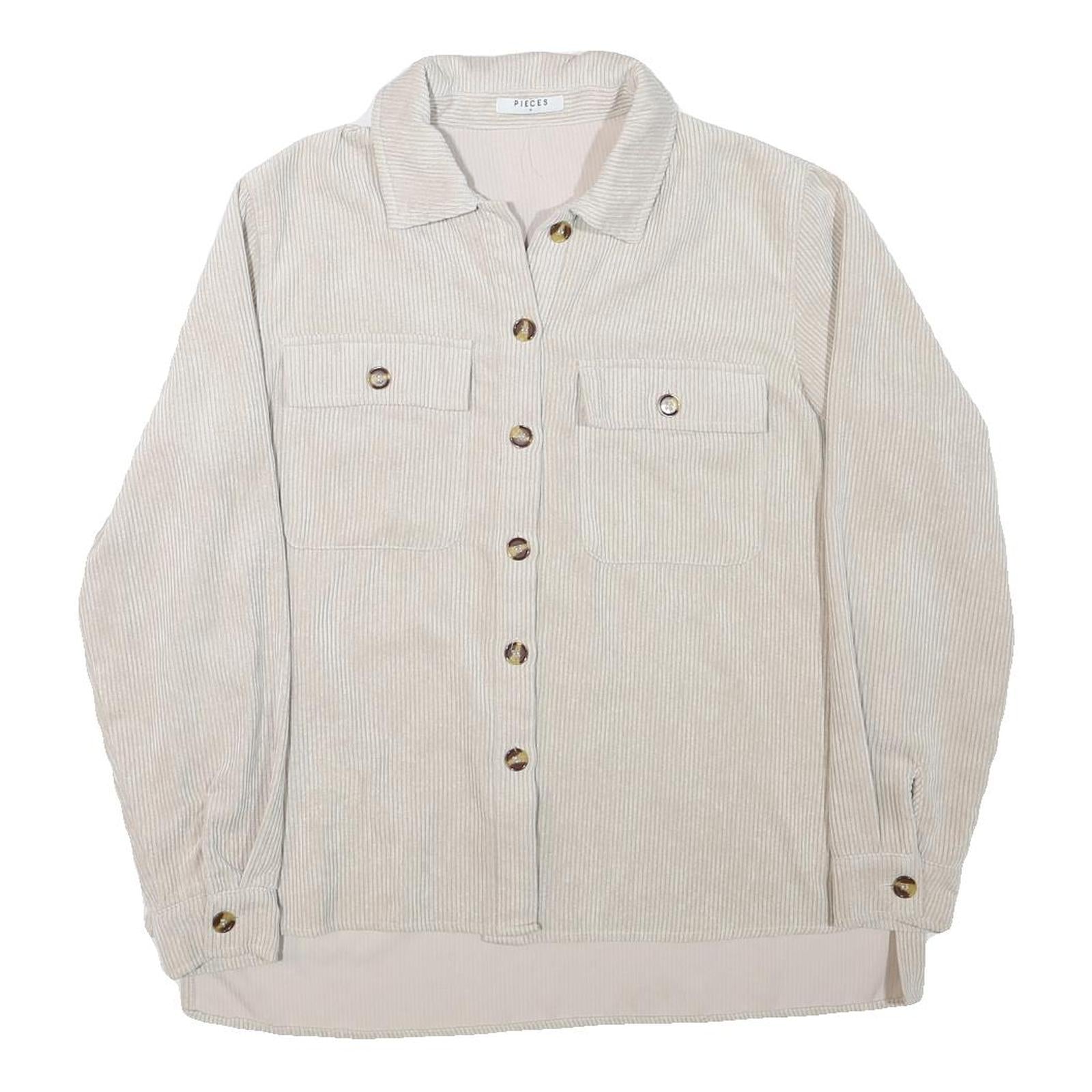 PIECES Womens Beige Cotton Blend Button Jacket M Corduroy Plain Stylish Relaxed