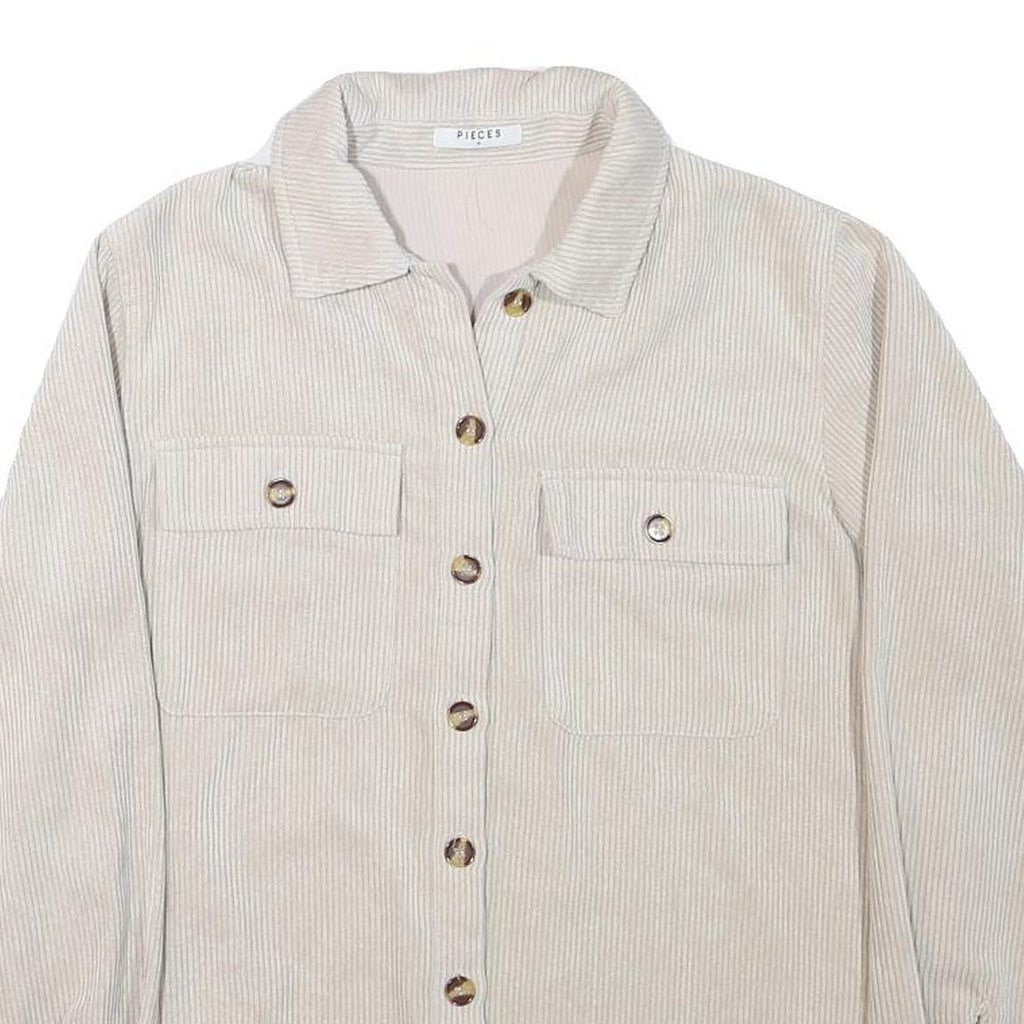 PIECES Womens Beige Cotton Blend Button Jacket M Corduroy Plain Stylish Relaxed