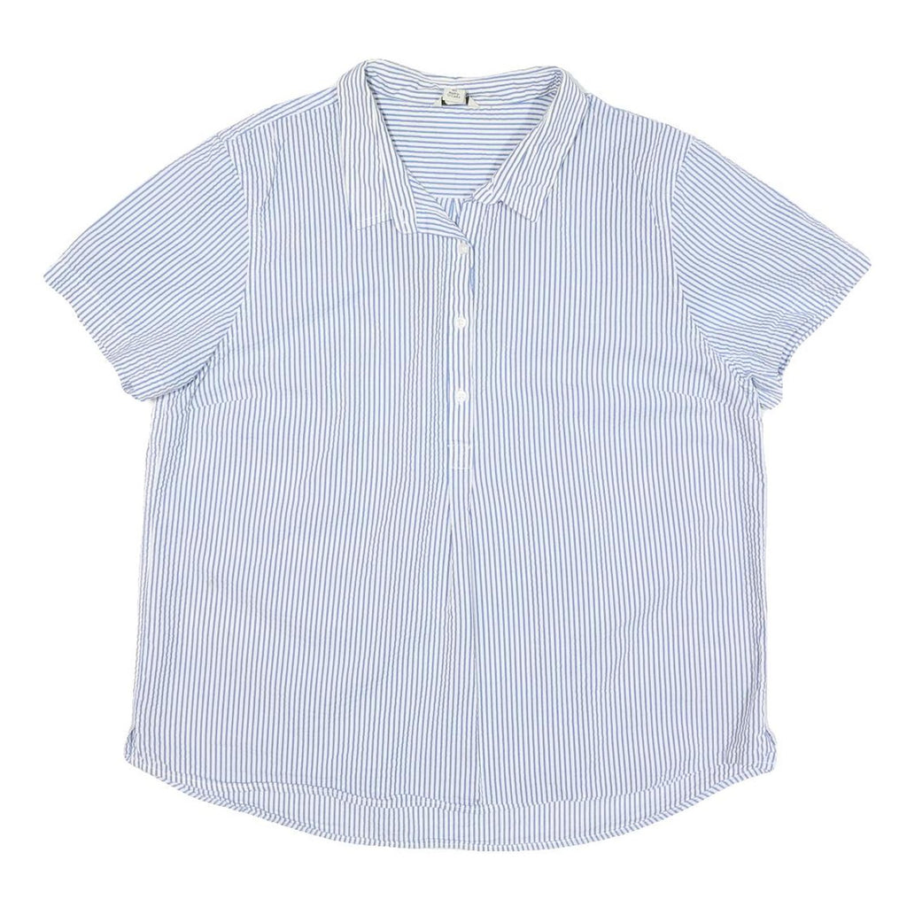 LL BEAN Womens Blue & White Striped Shirt Short Sleeve Collar L Cotton Blend