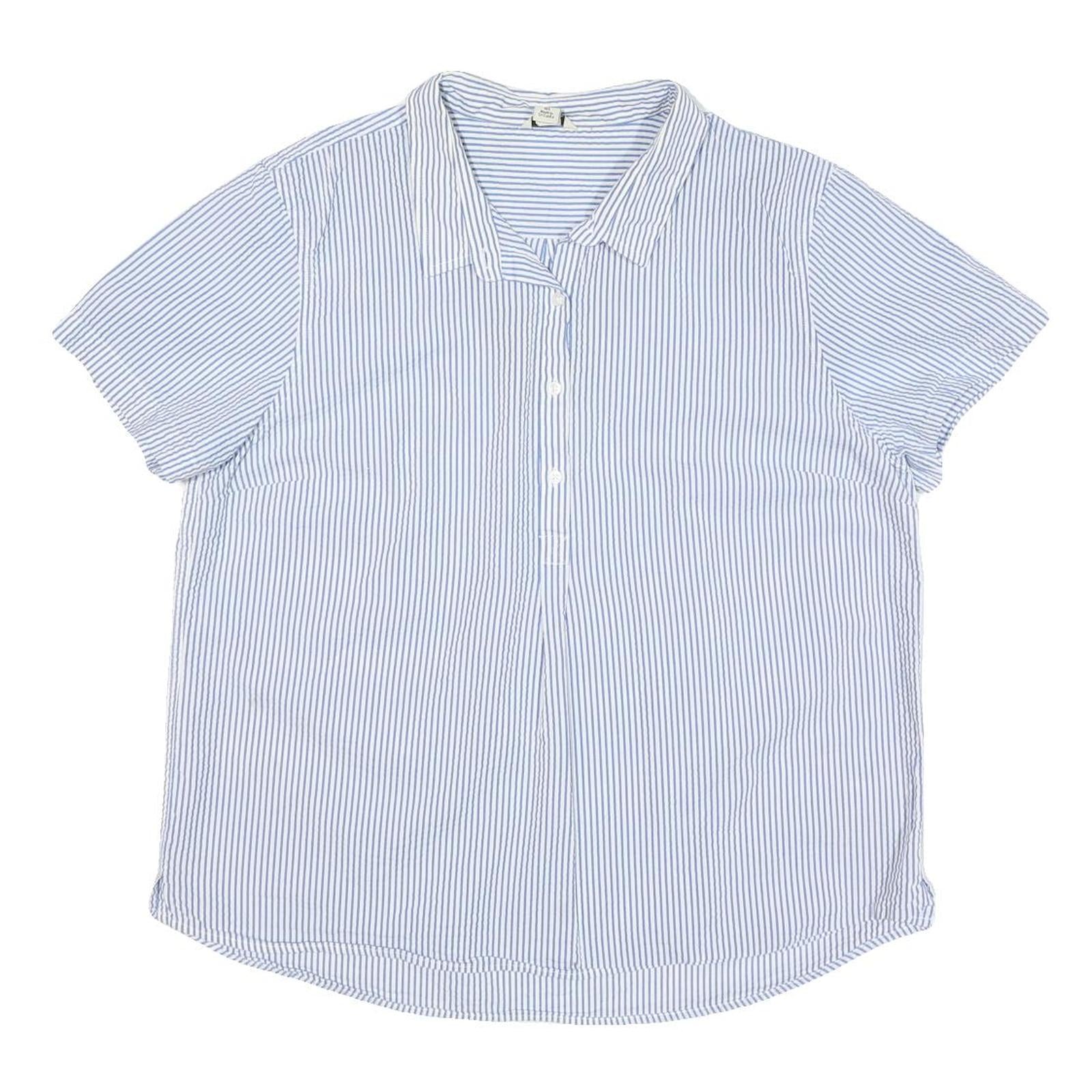 LL BEAN Womens Blue & White Striped Shirt Short Sleeve Collar L Cotton Blend
