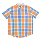 CHAPS Mens Orange & Blue Check Shirt L Button-Down Collar Short Sleeve