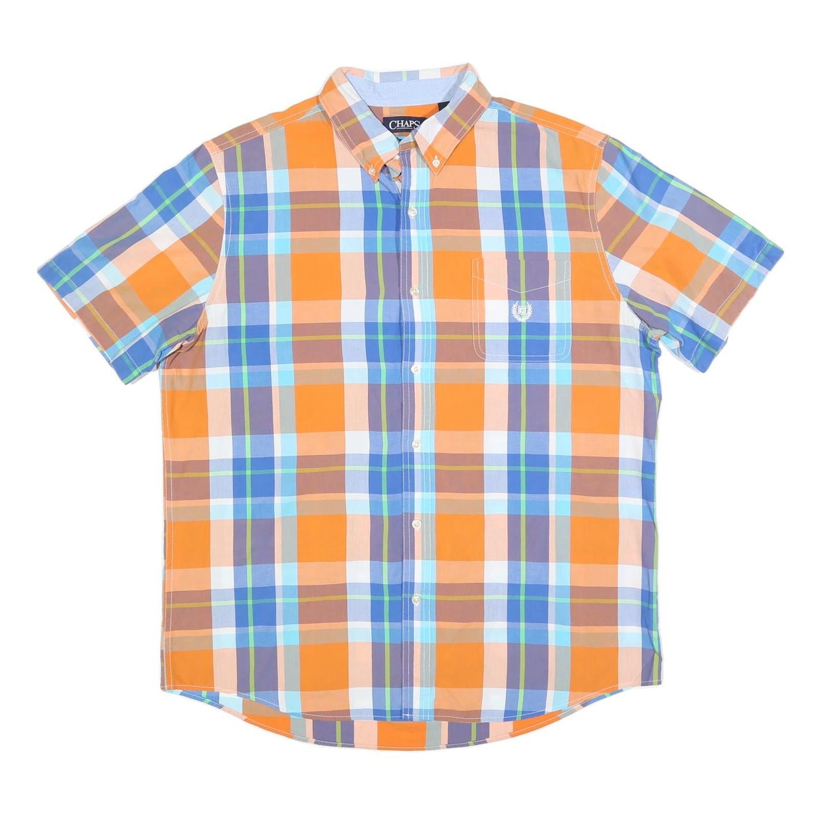 CHAPS Mens Orange & Blue Check Shirt L Button-Down Collar Short Sleeve