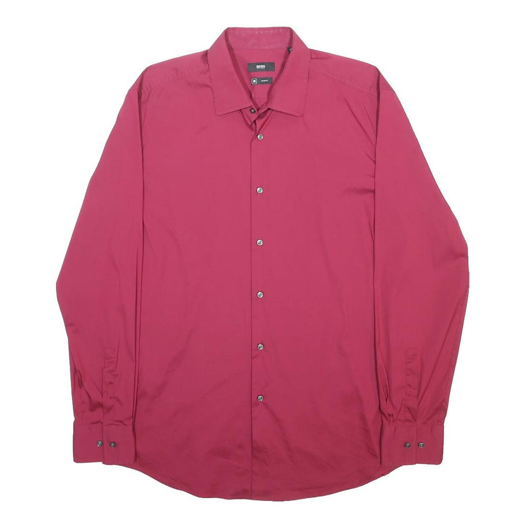 BOSS HUGO BOSS Mens Red Plain Shirt L Cotton Blend Formal Button Closure