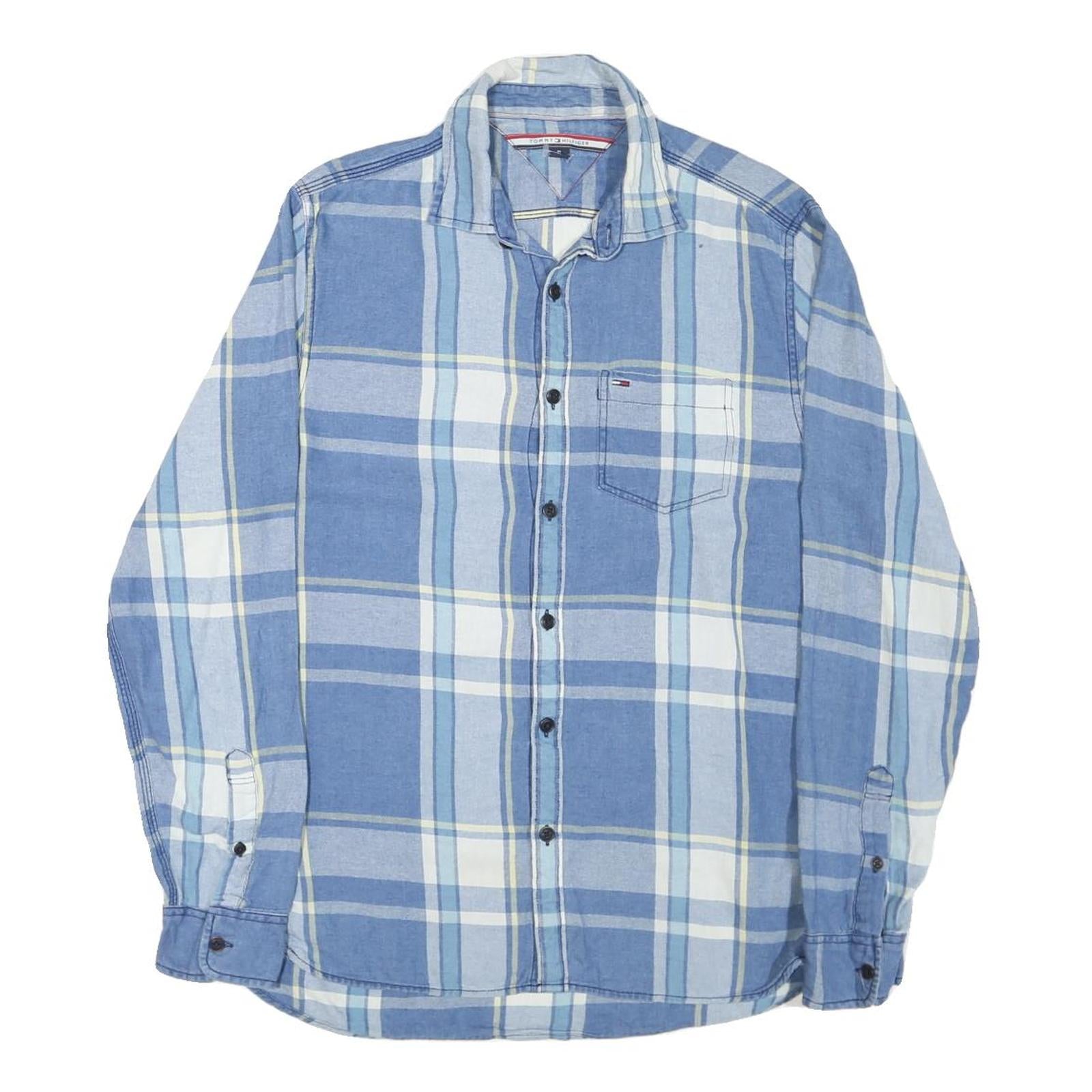 TOMMY HILFIGER Mens Blue & White Plaid Shirt M Cotton Blend Casual Long Sleeve