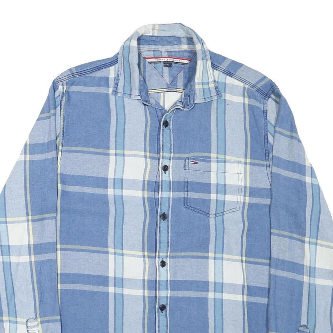 TOMMY HILFIGER Mens Blue & White Plaid Shirt M Cotton Blend Casual Long Sleeve