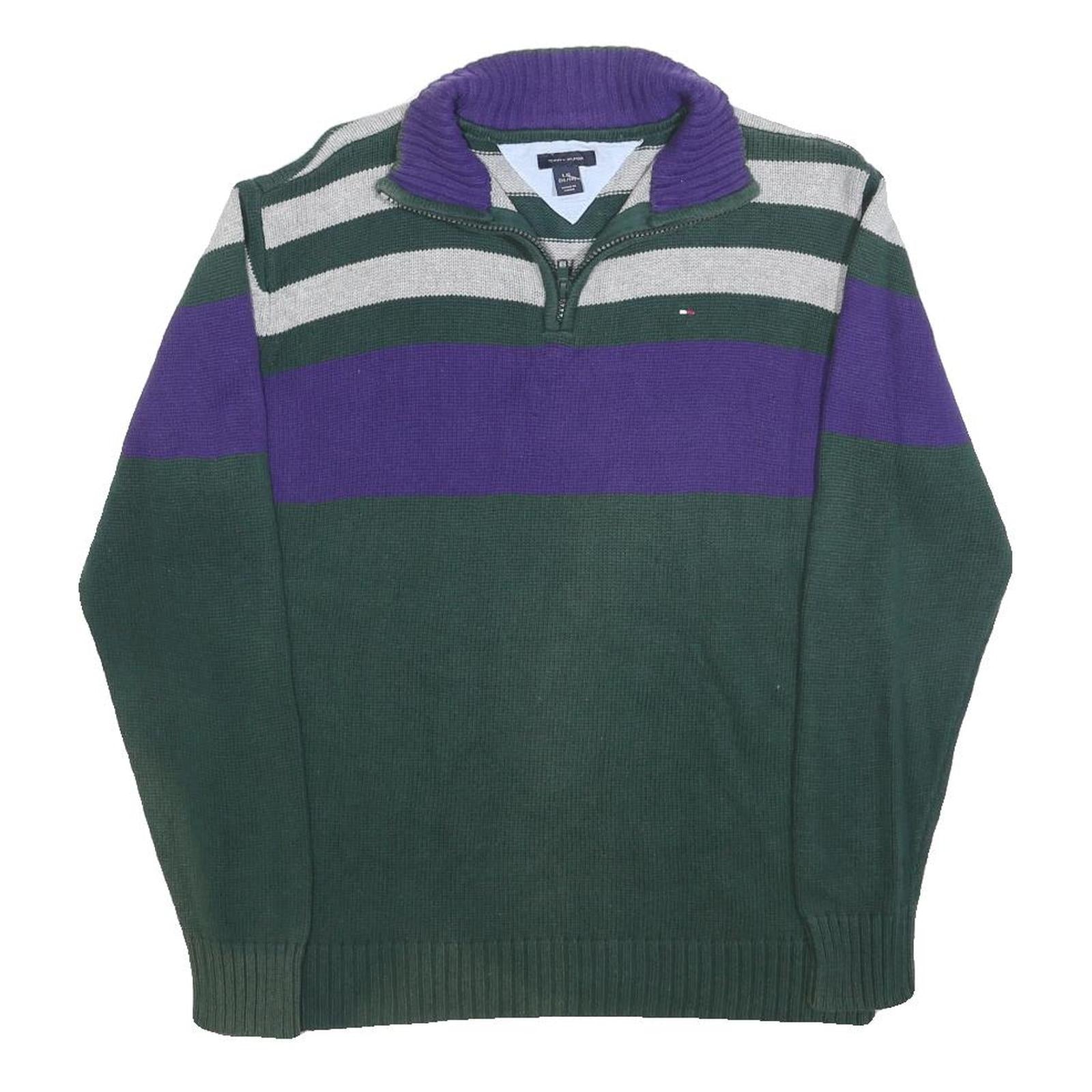 TOMMY HILFIGER Boys Green & Purple Patterned Cotton Jumper Half Zip Chunky Knit