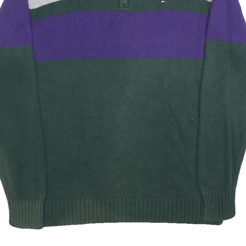 TOMMY HILFIGER Boys Green & Purple Patterned Cotton Jumper Half Zip Chunky Knit
