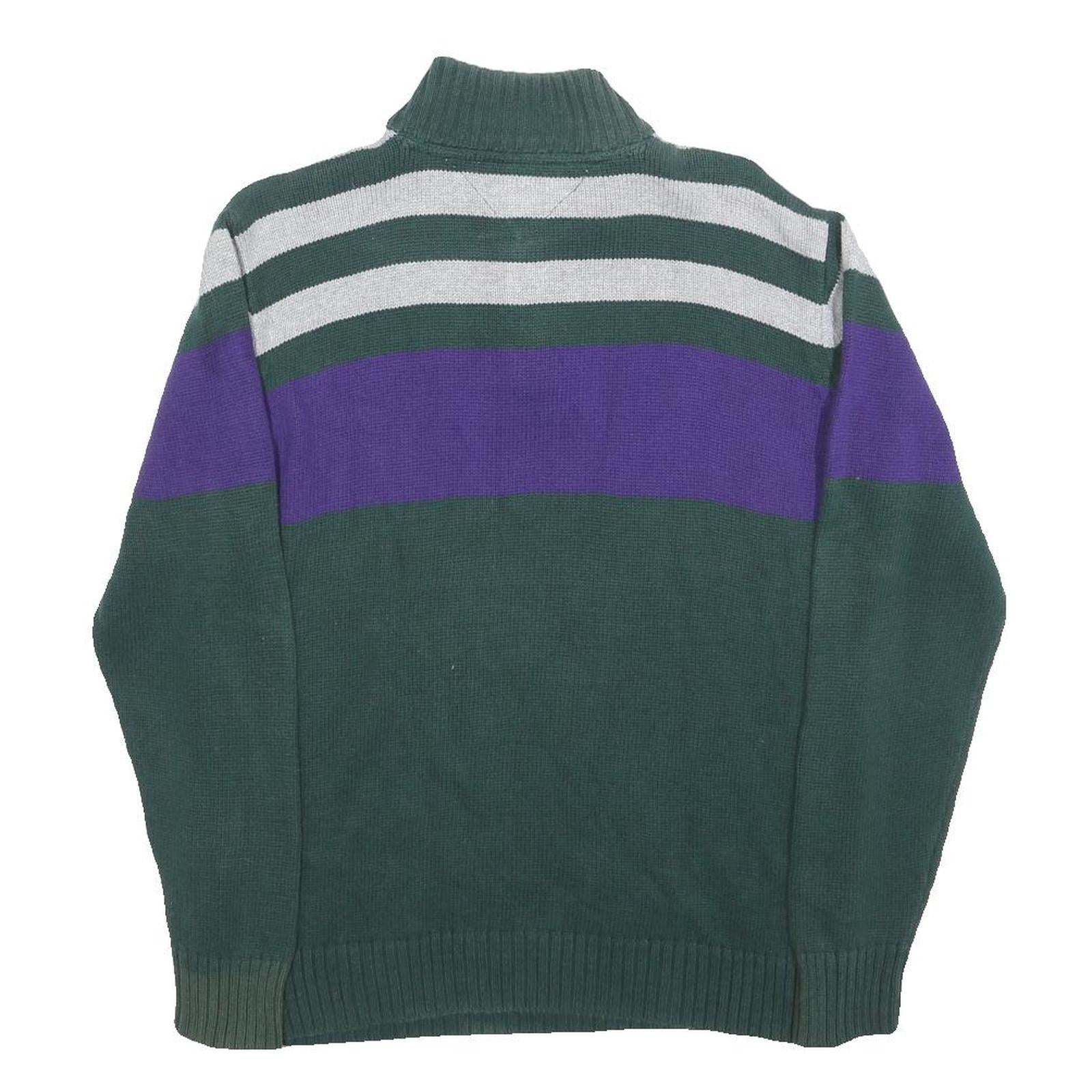 TOMMY HILFIGER Boys Green & Purple Patterned Cotton Jumper Half Zip Chunky Knit