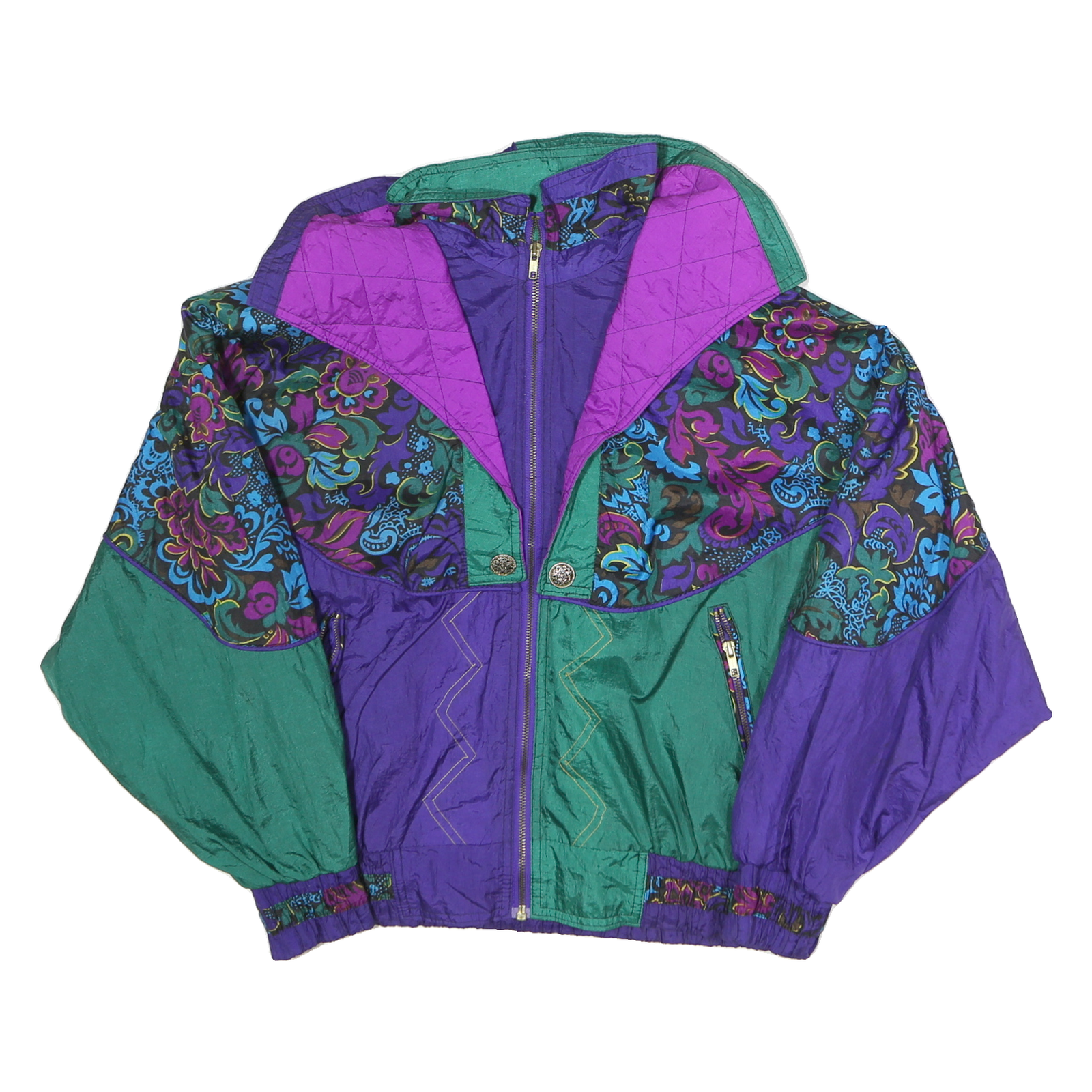 OTELLO PELLO Mens Green & Purple Patterned Zip Jacket S Polyester Retro