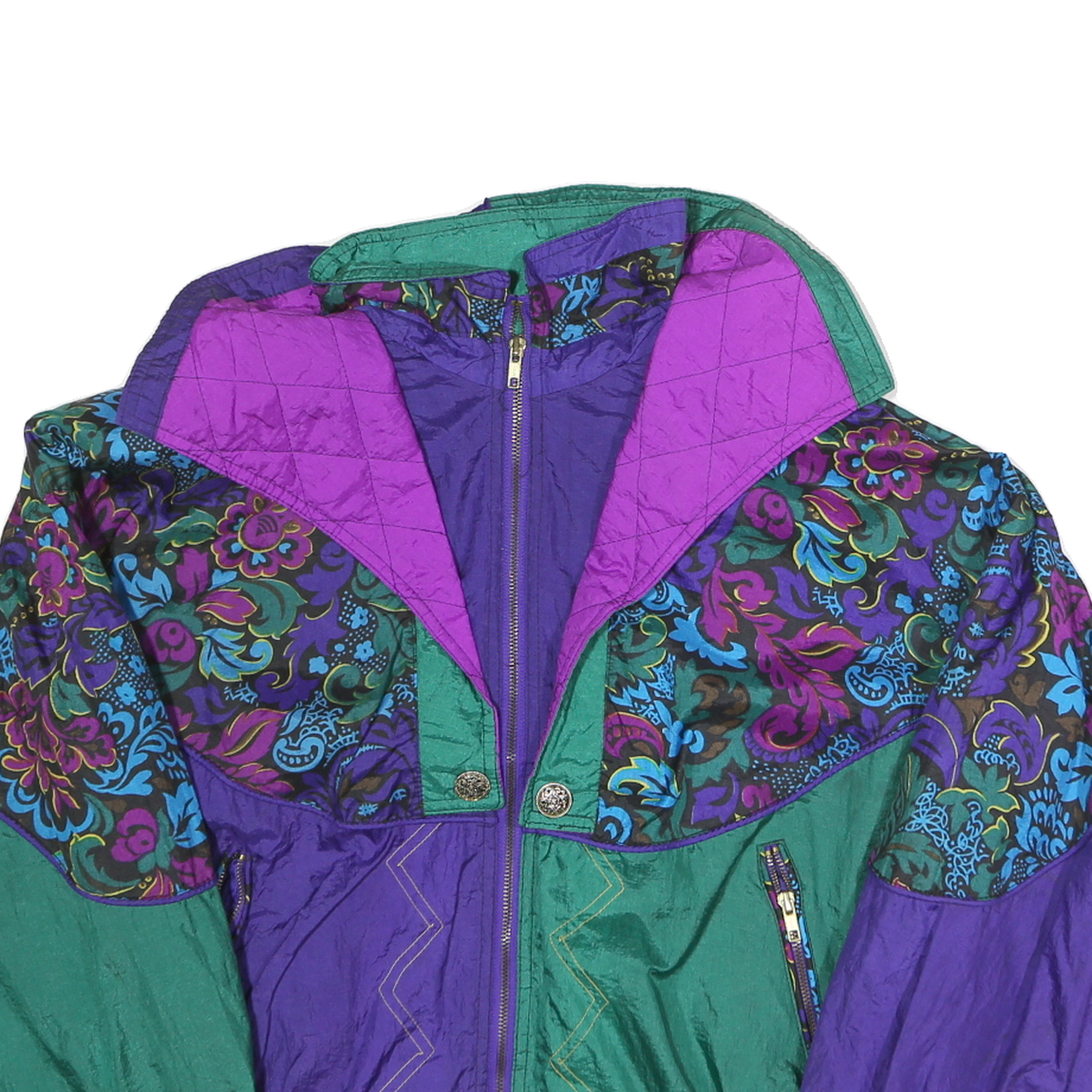 OTELLO PELLO Mens Green & Purple Patterned Zip Jacket S Polyester Retro
