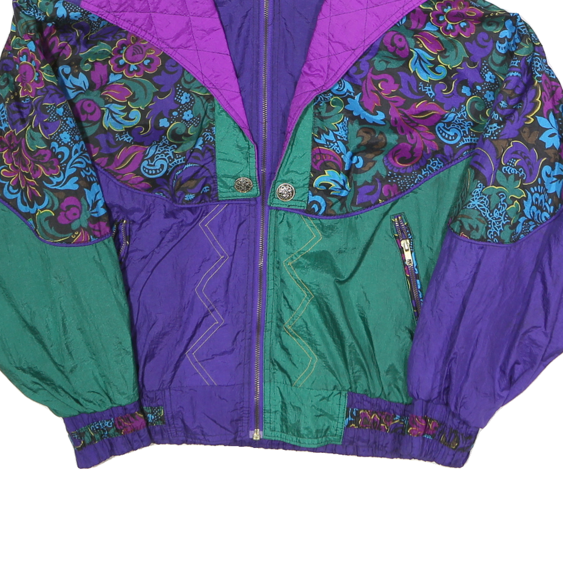 OTELLO PELLO Mens Green & Purple Patterned Zip Jacket S Polyester Retro