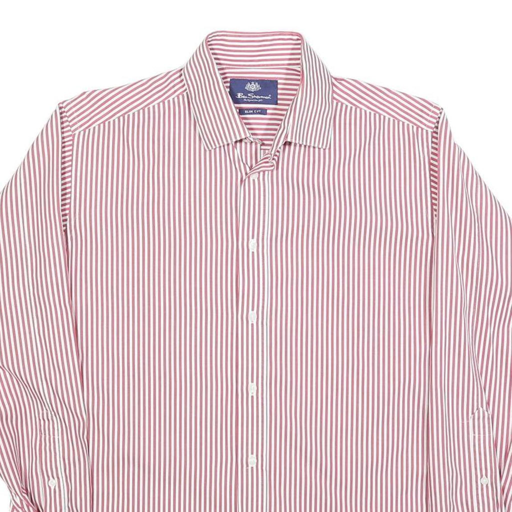 BEN SHERMAN Mens Red & White Striped Slim Fit Shirt L Formal Cotton Blend