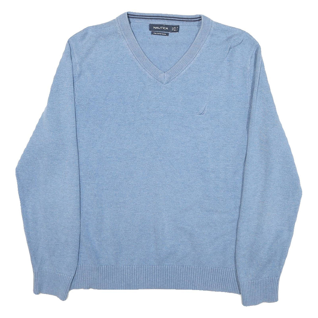 NAUTICA Mens Blue Cotton Blend Plain V-Neck Basic Knit L Jumper Light Comfort