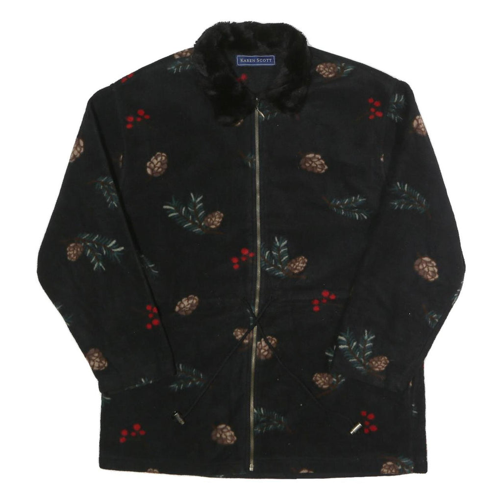 KAREN SCOTT Womens Black Floral Polyester Zip Jacket L Fleece Winter Wear
