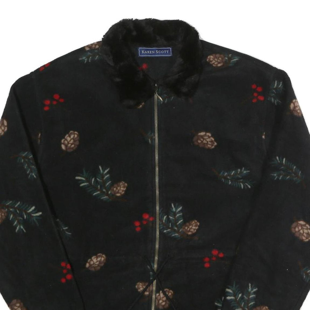 KAREN SCOTT Womens Black Floral Polyester Zip Jacket L Fleece Winter Wear