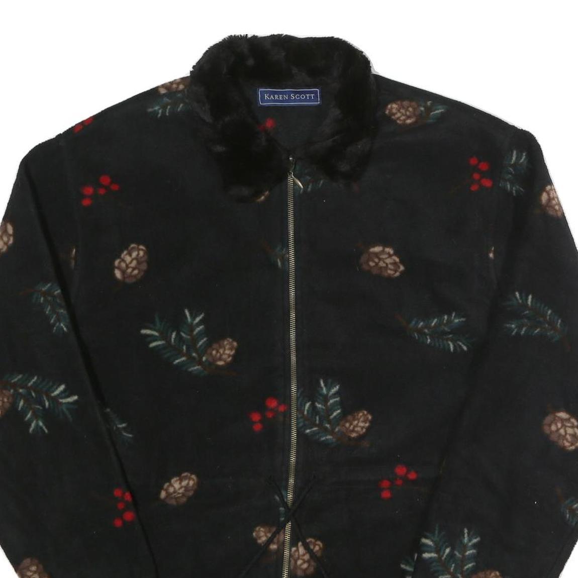 KAREN SCOTT Womens Black Floral Polyester Zip Jacket L Fleece Winter Wear