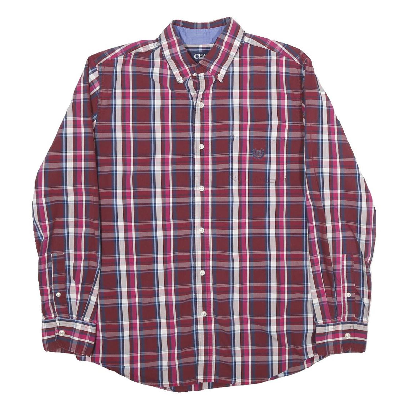 CHAPS Mens Red & Blue Check Shirt M Classic Long Sleeve Button-Down Cotton