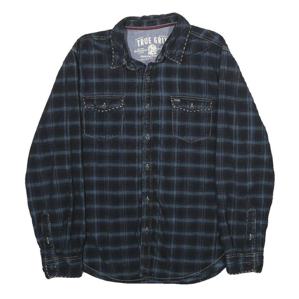 TRUE GRIT Mens Black & Blue Check Shirt M Cotton Long Sleeve Casual
