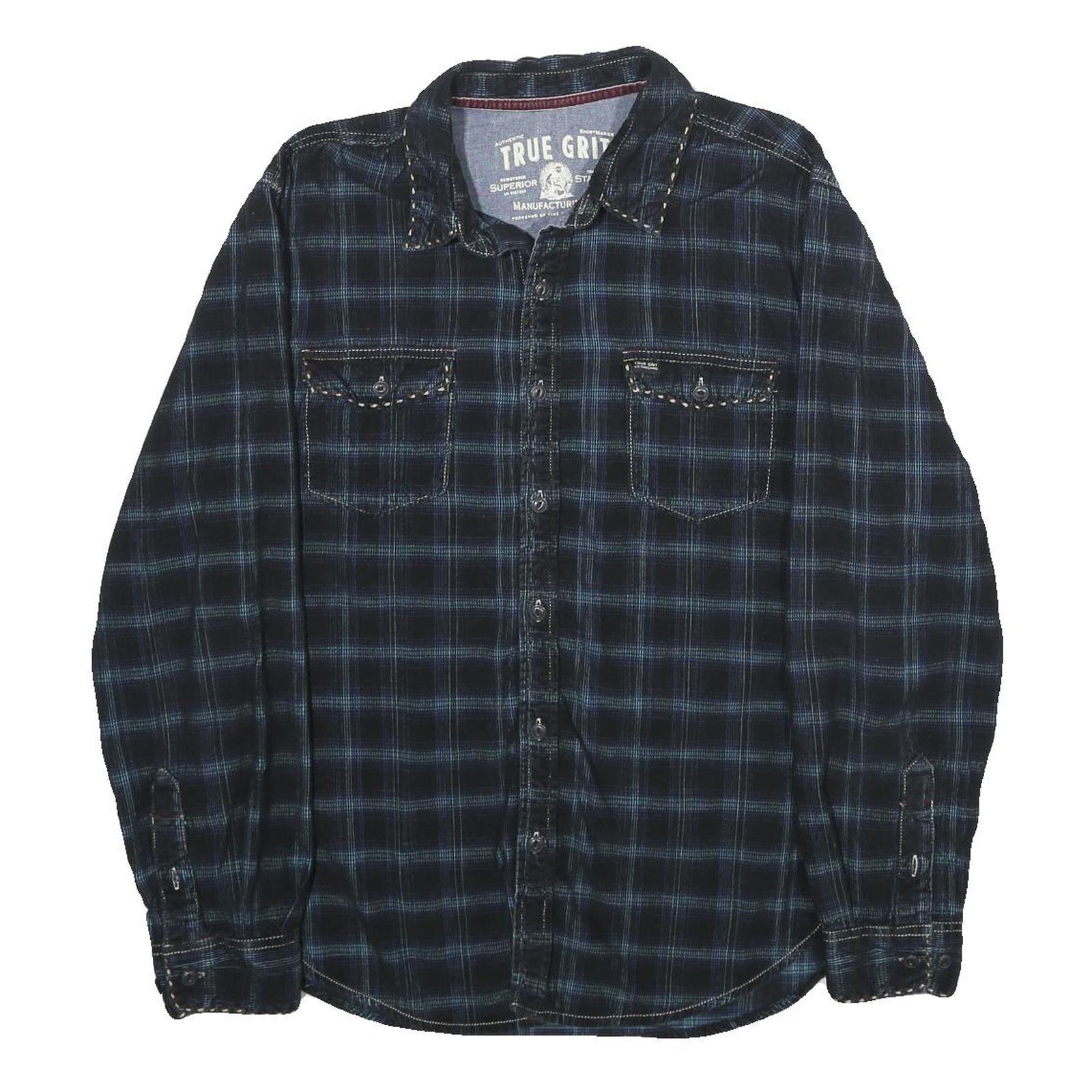TRUE GRIT Mens Black & Blue Check Shirt M Cotton Long Sleeve Casual
