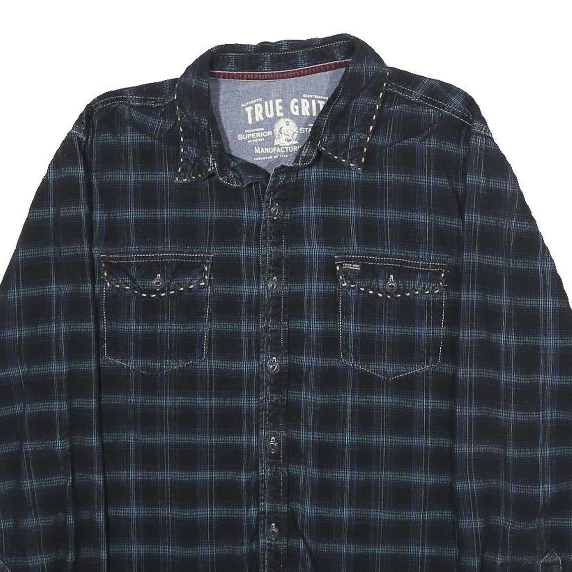 TRUE GRIT Mens Black & Blue Check Shirt M Cotton Long Sleeve Casual
