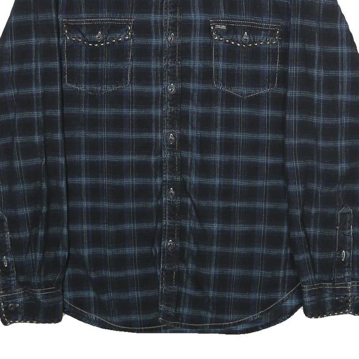 TRUE GRIT Mens Black & Blue Check Shirt M Cotton Long Sleeve Casual