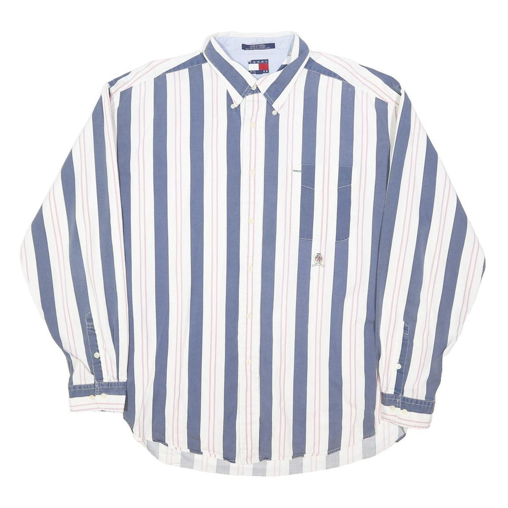 TOMMY HILFIGER Mens Blue & White Striped Shirt L Long Sleeve Button Down Pocket