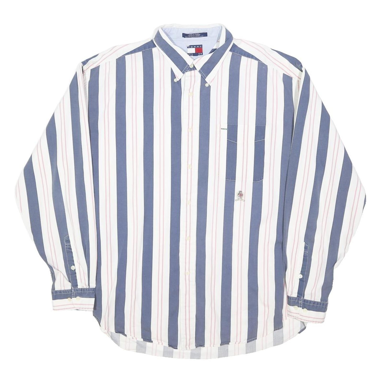 TOMMY HILFIGER Mens Blue & White Striped Shirt L Long Sleeve Button Down Pocket