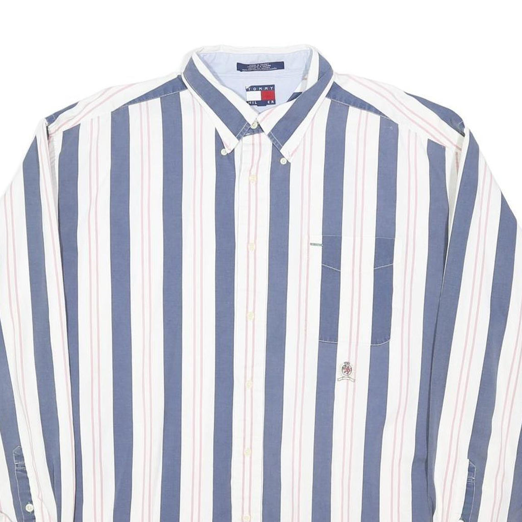 TOMMY HILFIGER Mens Blue & White Striped Shirt L Long Sleeve Button Down Pocket