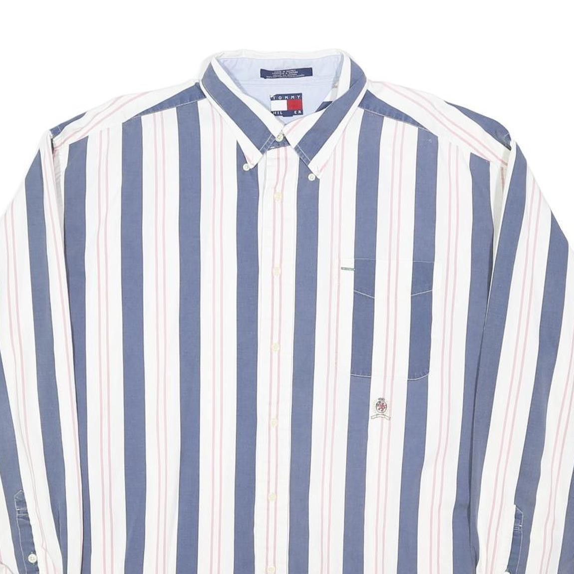 TOMMY HILFIGER Mens Blue & White Striped Shirt L Long Sleeve Button Down Pocket