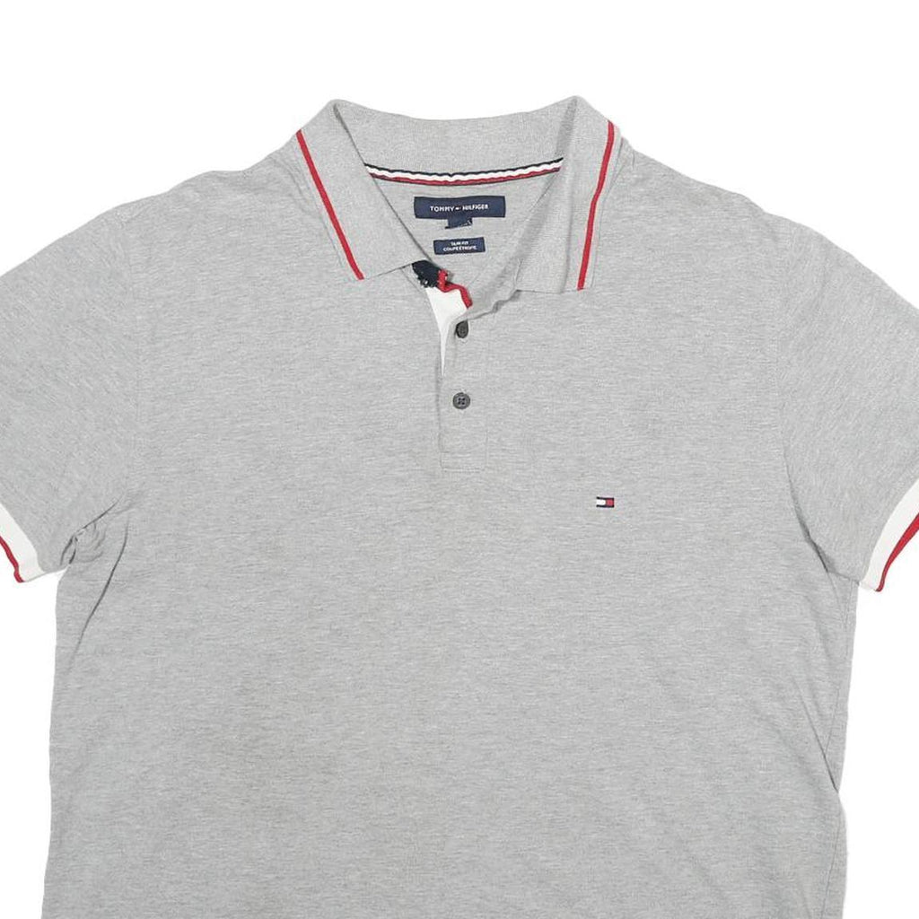 TOMMY HILFIGER Mens Grey Polo Shirt L Cotton Short Sleeve Slim Fit Classic