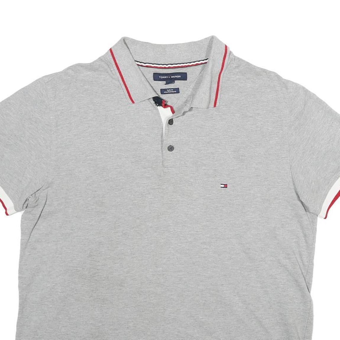 TOMMY HILFIGER Mens Grey Polo Shirt L Cotton Short Sleeve Slim Fit Classic