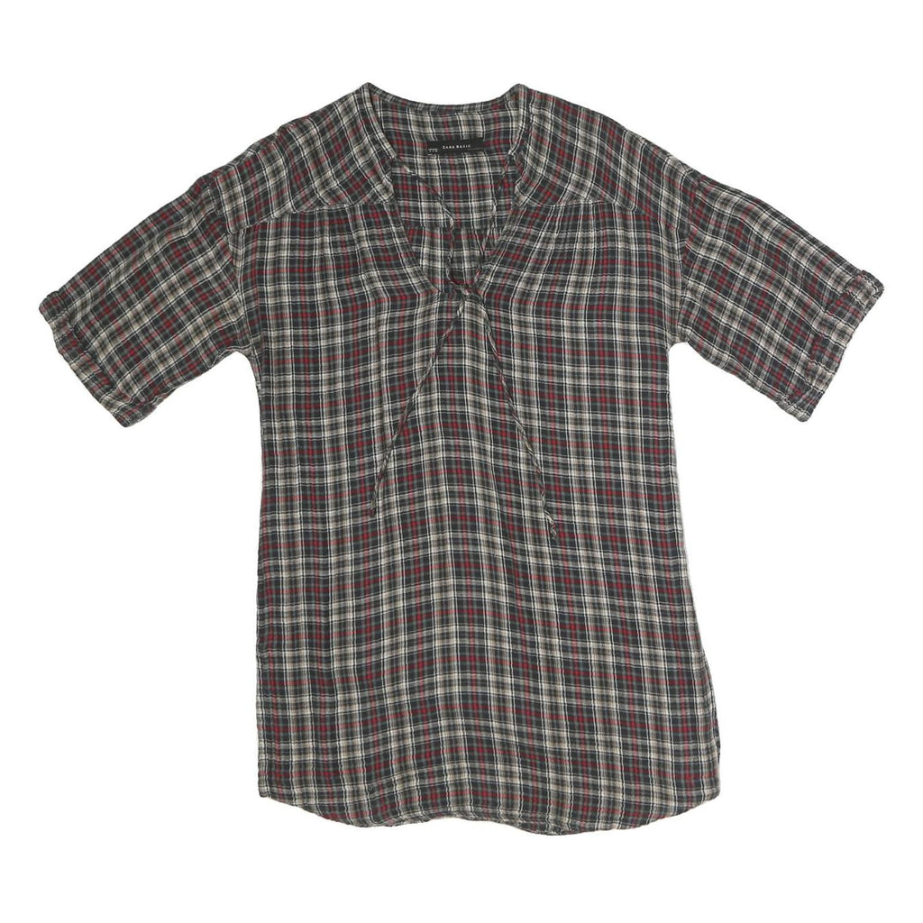 ZARA Womens Grey Red Black Checked V-Neck Short Sleeve Top XS Casual Everyday