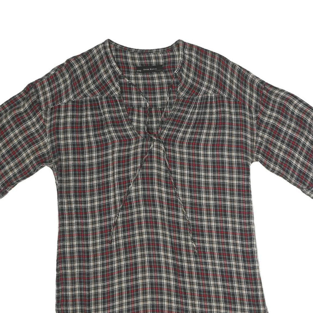 ZARA Womens Grey Red Black Checked V-Neck Short Sleeve Top XS Casual Everyday