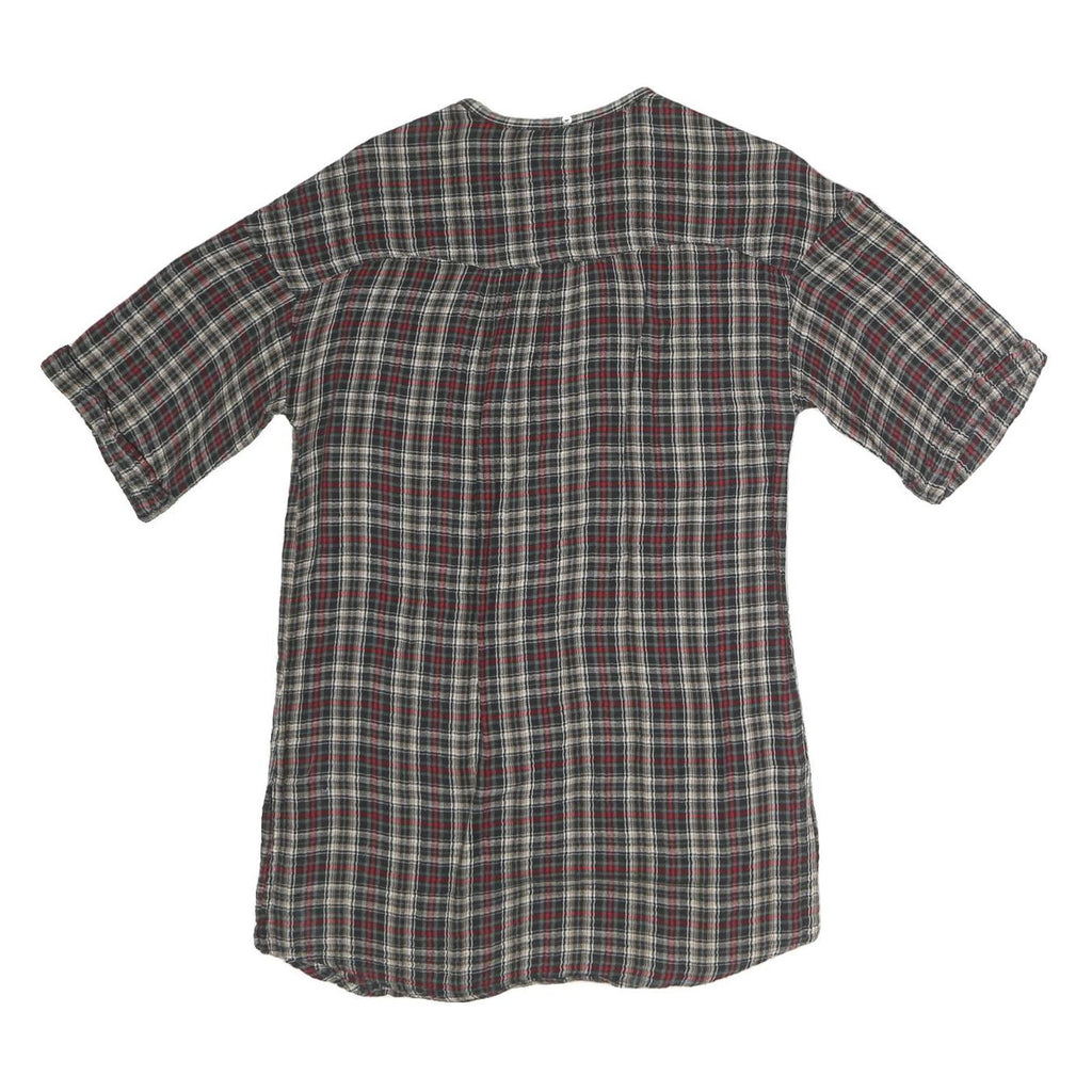 ZARA Womens Grey Red Black Checked V-Neck Short Sleeve Top XS Casual Everyday